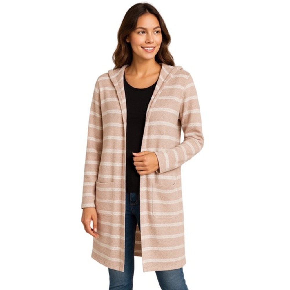 PINK ROSE Striped Knit Long Open‎ Front Hooded Cardigan Sweater Womens M 50-56